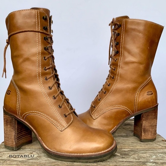 SOLD SKECHERS Vintage Y2K Lace Up Zipper Platform Chunky Heel Brown Ankle Boots - Picture 2 of 9